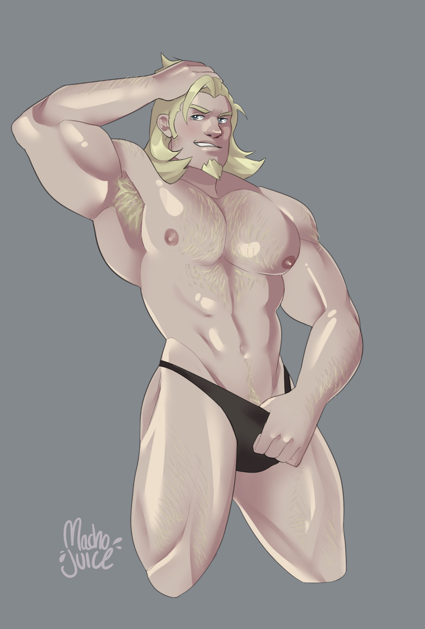 1boy bara blonde_hair machojuice male_focus muscle nipples overwatch pecs presenting reinhardt_(overwatch) solo topless topples underwear