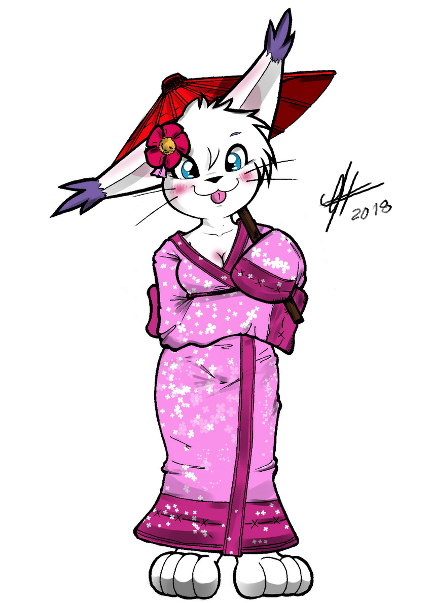 2018 anthro big_breasts big_ears black_nose blue_eyes blush breasts cleavage clothed clothing digimon ear_tuft feline female fur gatomon japanese_clothing kimono long_sleeves mammal paws red_umbrella simple_background solo tongue tongue_out tuft umbrella uragan whiskers white_background white_fur