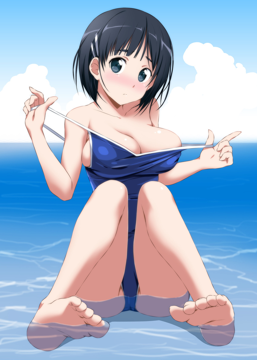 ass bare_arms bare_legs bare_shoulders barefoot black_hair blue_eyes blue_sky blush breasts cloud commentary_request competition_school_swimsuit day embarrassed hair_ornament hairclip highres index_finger_raised kirigaya_suguha large_breasts long_legs looking_at_viewer nori_tamago nose_blush one-piece_swimsuit outdoors school_swimsuit short_hair sitting sky solo swimsuit swimsuit_pull sword_art_online water