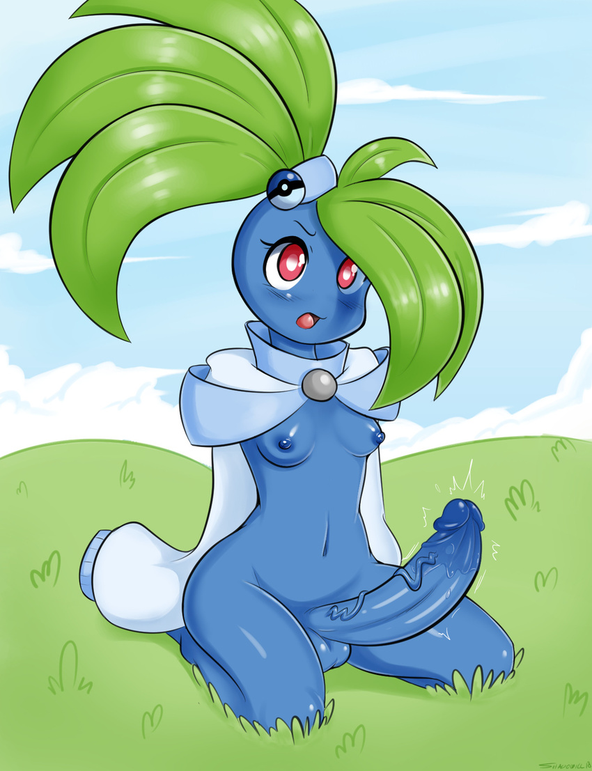 anthro balls big_penis blue_skin bottomless breasts clothed clothing dickgirl flora_fauna intersex leaf_hair nintendo nipples not_furry oddish penis plant pok&eacute;mon pok&eacute;mon_(species) red_eyes shadowill video_games