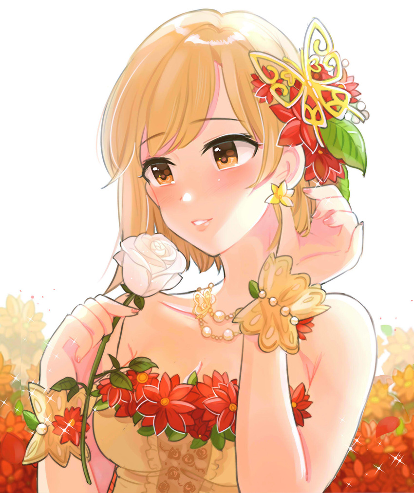 aiba_yumi bangs bare_shoulders blonde_hair blush breasts brown_eyes butterfly_hair_ornament cleavage collarbone dress earrings eyebrows_visible_through_hair flower hair_flower hair_ornament highres idolmaster idolmaster_cinderella_girls idolmaster_cinderella_girls_starlight_stage jewelry leaf medium_breasts necklace parted_lips pearl_necklace rose shiny shiny_hair short_hair simple_background smile solo sparkle tomato_omurice_melon white_background wrist_cuffs yellow_dress