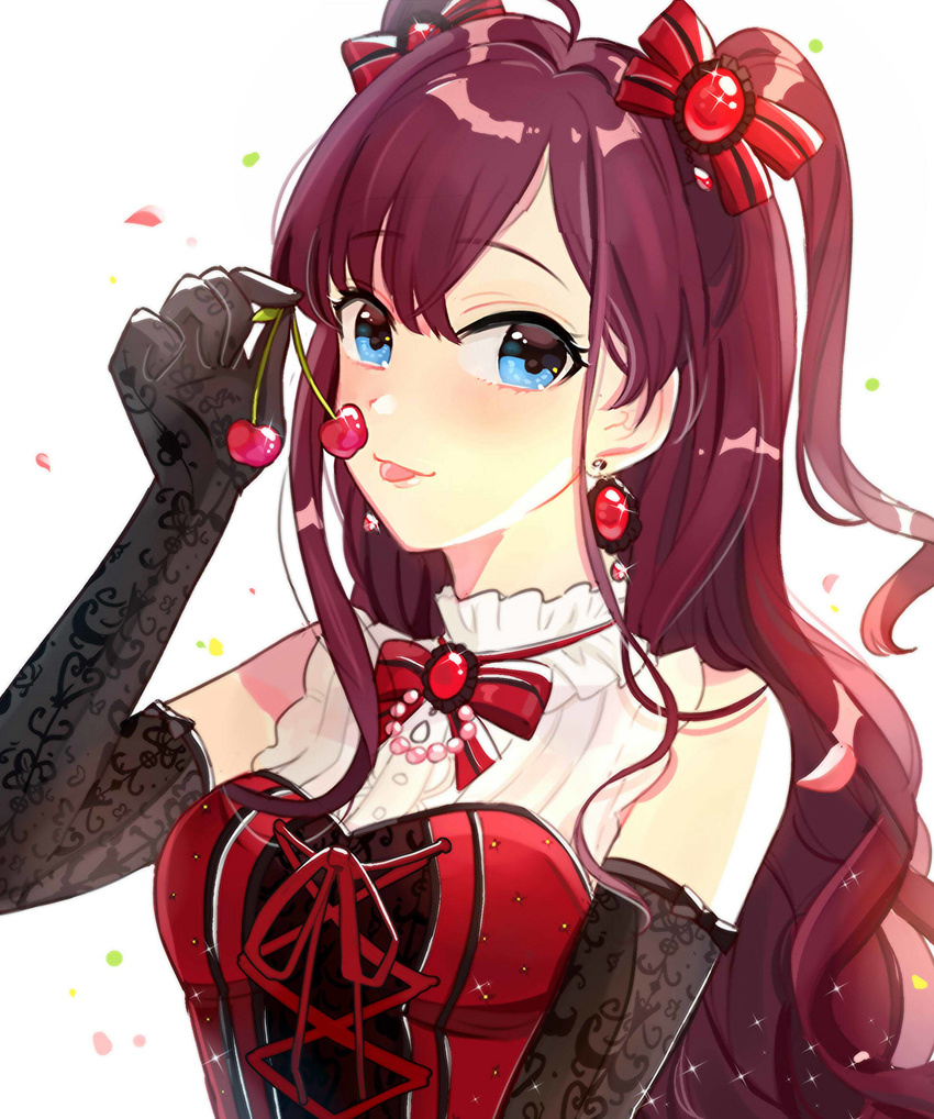 ahoge bangs bare_shoulders beads black_gloves blue_eyes blush bow breasts brooch brown_hair cherry corset cross-laced_clothes dress earrings elbow_gloves eyebrows_visible_through_hair food frills fruit gloves hair_bow highres ichinose_shiki idolmaster idolmaster_cinderella_girls idolmaster_cinderella_girls_starlight_stage jewelry long_hair medium_breasts print_gloves red_bow red_dress shiny shiny_hair simple_background smile solo sparkle tomato_omurice_melon tongue tongue_out two_side_up wavy_hair white_background