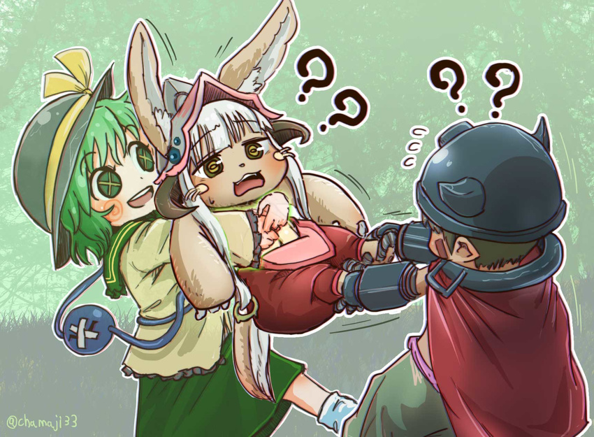 1girl 1other ? animal_ears bandage_over_one_eye bangs bow brown_hair cape chamaji crossover ears_through_headwear eyebrows_visible_through_hair facial_mark flying_sweatdrops furry grass green_hair green_skirt hat hat_bow hat_ribbon helmet highres horned_helmet komeiji_koishi long_hair long_sleeves made_in_abyss mechanical_arms nanachi_(made_in_abyss) open_mouth pants paws pulling regu_(made_in_abyss) ribbon shirt signature skirt socks symbol-shaped_pupils tail third_eye touhou tree twitter_username whiskers white_hair wide_sleeves