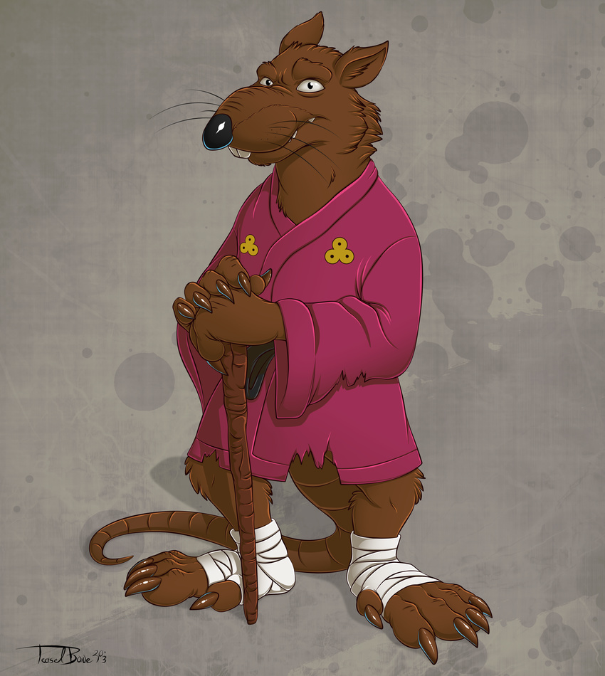 5_toes anthro bandage buckteeth claws clothing hi_res japanese_clothing kimono looking_at_viewer mammal rat rodent simple_background solo splinter stick teaselbone teenage_mutant_ninja_turtles teeth toes whiskers