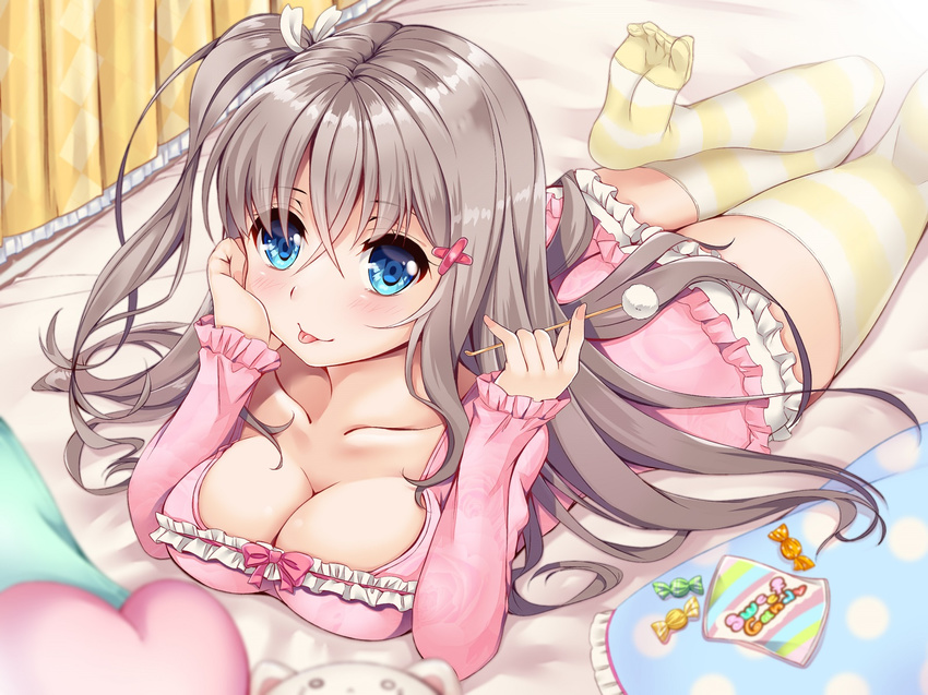 :p arm_support bangs bed_sheet blue_eyes blush breasts brown_hair candy_wrapper cleavage closed_mouth collarbone commentary_request curtains eyebrows_visible_through_hair fingernails frilled_shirt frilled_shorts frills hair_between_eyes hair_ornament hair_ribbon heart heart_pillow highres holding ko_yu long_hair lying medium_breasts mimikaki nail_polish no_shoes on_stomach one_side_up original pillow pink_nails pink_shirt polka_dot ribbon shirt short_shorts shorts sleeves_past_wrists smile soles solo striped striped_legwear thighhighs tongue tongue_out very_long_hair white_ribbon white_shorts x_hair_ornament