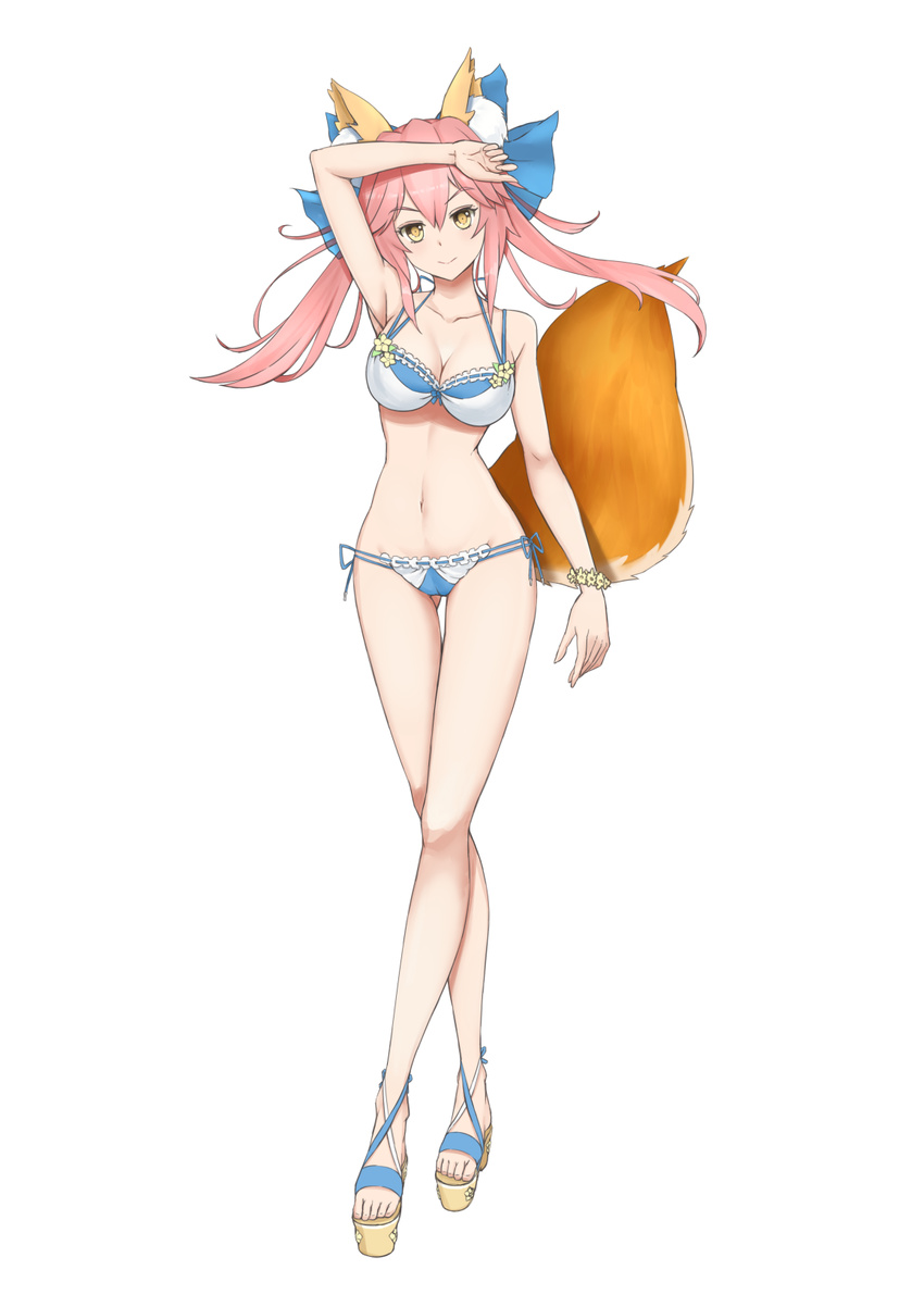animal_ears bikini blue_bikini blue_ribbon breasts cleavage collarbone fate/grand_order fate_(series) flower fox_ears fox_tail full_body groin hair_ribbon highres japanese_clothes jilu large_breasts long_hair looking_at_viewer navel pink_hair ribbon side-tie_bikini simple_background solo standing swimsuit tail tamamo_(fate)_(all) tamamo_no_mae_(fate) white_background yellow_eyes