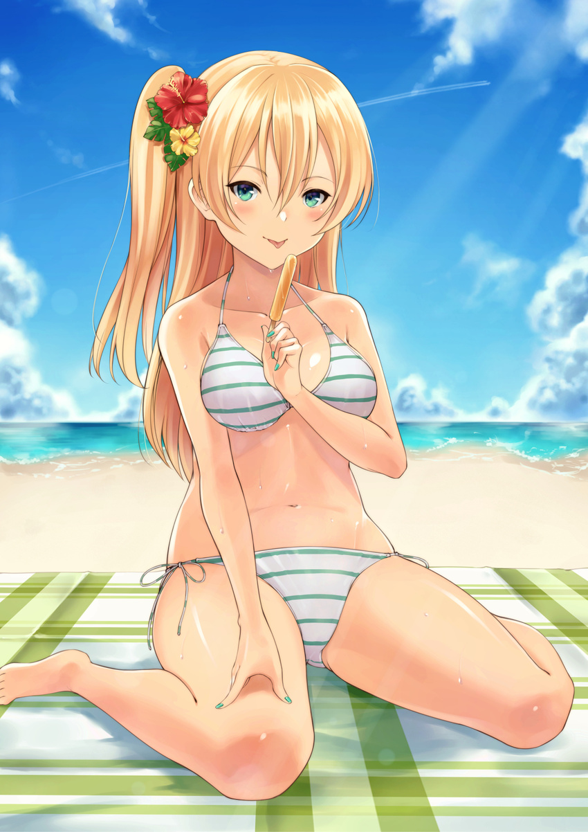 :q bangs bare_arms bare_legs bare_shoulders barefoot beach beach_towel bikini blonde_hair blue_sky blush breasts chokuro cloud collarbone commentary_request condensation_trail day eyebrows_visible_through_hair flower food green_bikini green_eyes green_nails hair_between_eyes hair_flower hair_ornament hand_on_own_thigh hibiscus highres holding holding_food horizon leaf light_rays long_hair looking_at_viewer md5_mismatch medium_breasts moe2018 nail_polish navel ocean one_side_up original outdoors plaid popsicle red_flower shadow shiny shiny_hair shiny_skin side-tie_bikini sitting sky smile solo stomach striped striped_bikini summer sunlight sweat swimsuit tongue tongue_out towel wariza white_bikini yellow_flower