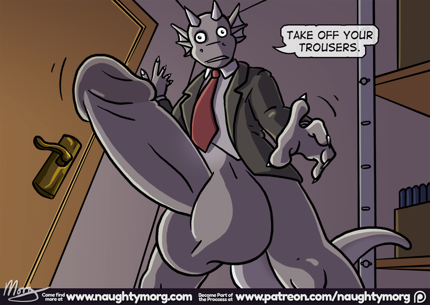 anthro balls big_balls bottomless claws clothed clothing comic dialogue dragon english_text erection fin grey_balls grey_penis head_fin huge_balls humanoid_penis hyper hyper_balls hyper_penis male naughtymorg necktie penis rape_face solo text