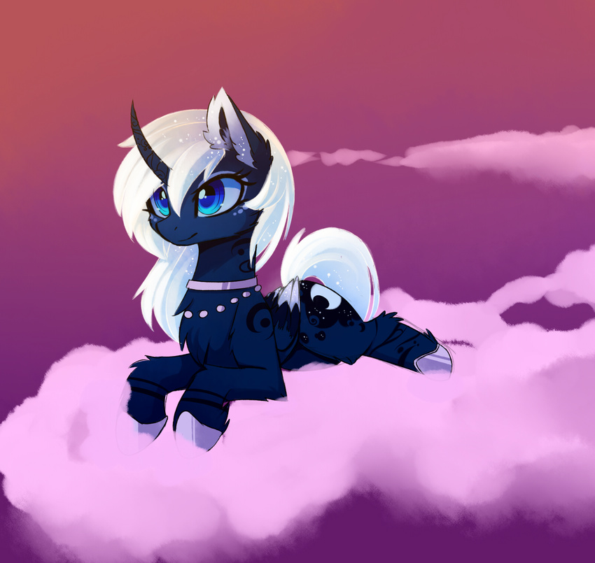 blue_eyes blue_fur cloud cutie_mark day equine eyelashes feathered_wings feathers female feral friendship_is_magic fur gradient_background hair hooves horn lying magnaluna mammal my_little_pony nude outside princess_luna_(mlp) simple_background smile solo unicorn_horn white_hair winged_unicorn wings