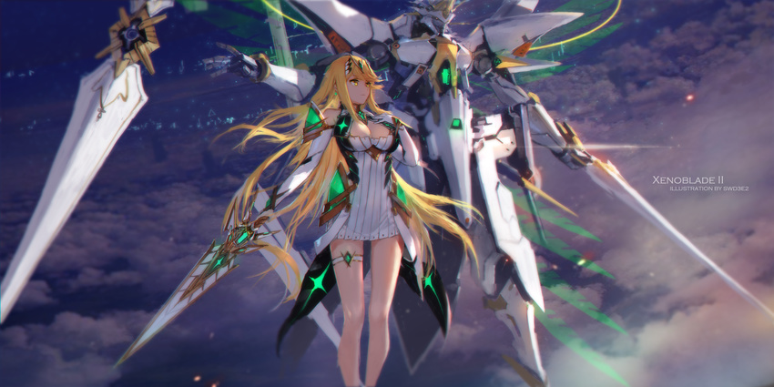 armor artist_name bare_legs blonde_hair breasts cleavage cleavage_cutout closed_mouth cloud copyright_name dress earrings elbow_gloves faulds feet_out_of_frame food gem gloves hand_on_own_chest headpiece highres hikari_(xenoblade_2) holding holding_food jewelry large_breasts light_particles long_hair looking_away looking_to_the_side mecha outdoors pauldrons short_dress shoulder_armor siren_(xenoblade) solo swd3e2 thigh_strap very_long_hair white_dress white_gloves xenoblade_(series) xenoblade_2 yellow_eyes