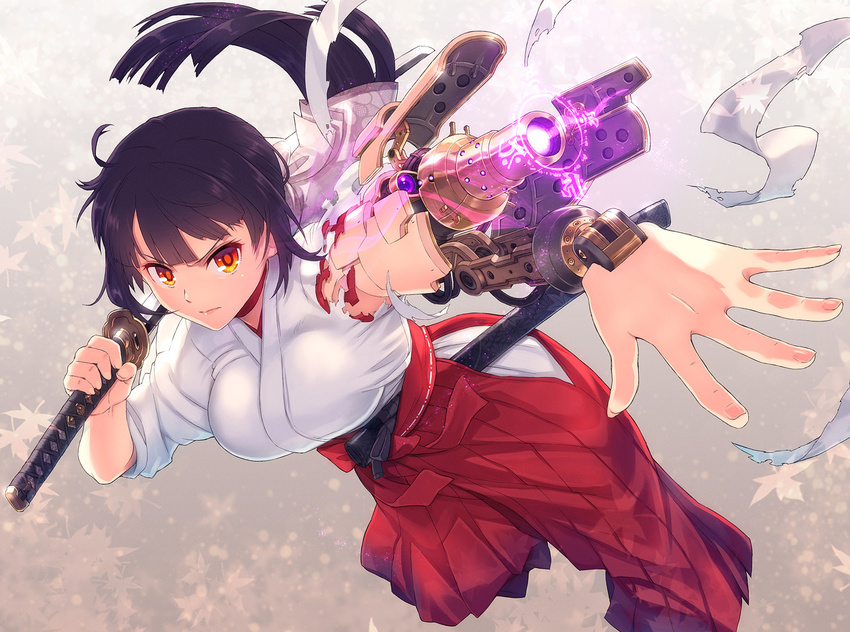 arm_cannon bangs black_hair breasts cannon charging closed_mouth commentary_request cyborg fingernails frown hakama holding holding_sword holding_weapon itou_(onsoku_tassha) japanese_clothes katana large_breasts leg_up looking_at_viewer mechanical_arm mechanical_parts miko miko_(itou) orange_eyes original outstretched_arm over_shoulder parts_exposed ponytail red_hakama scabbard serious sheath solo sword torn_clothes unsheathed weapon weapon_over_shoulder