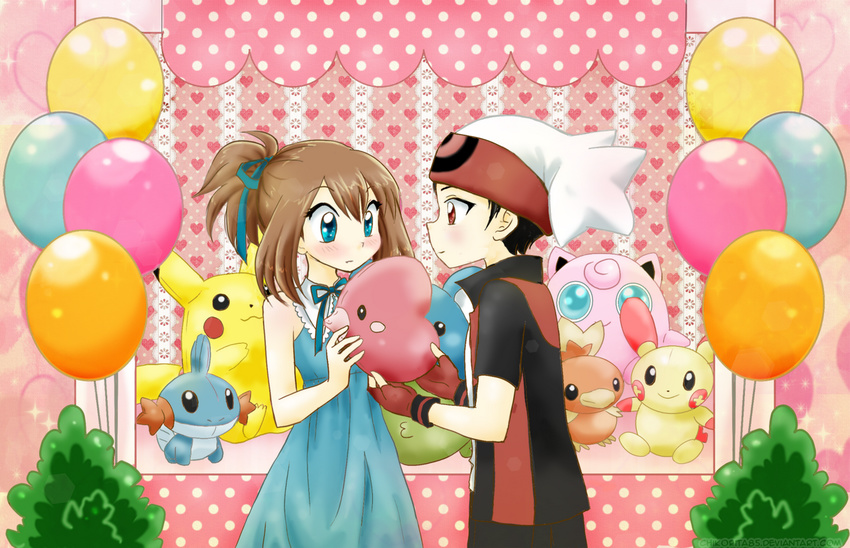 1girl balloon bare_arms beanie black_hair blue_dress blue_eyes blush brown_hair chikorita85 commentary couple dress fingerless_gloves gen_1_pokemon gen_2_pokemon gen_3_pokemon gift giving gloves gulpin hair_ribbon hat heart_pattern hetero jigglypuff long_dress luvdisc marill medium_hair mudkip odamaki_sapphire pikachu plant plusle pokemon pokemon_special polka_dot red_eyes ribbon ruby_(pokemon) short_hair sidelocks sleeveless sleeveless_dress sparkle standing stuffed_animal stuffed_toy tied_hair torchic