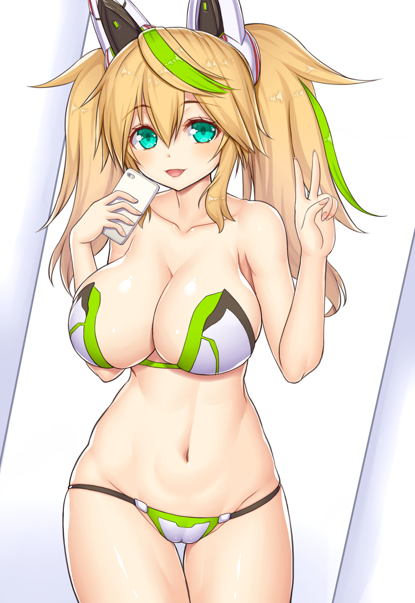 :d asamura_hiori bangs bikini blonde_hair breasts cameltoe cellphone cleavage cowboy_shot eyebrows_visible_through_hair fang gene_(pso2) green_hair headgear highres holding holding_phone large_breasts looking_at_viewer multicolored_hair nail_polish navel open_mouth phantasy_star phantasy_star_online_2 phone pink_nails shiny shiny_hair shiny_skin smartphone smile solo standing stomach strapless strapless_bikini streaked_hair swimsuit tareme thigh_gap twintails v white_background white_bikini