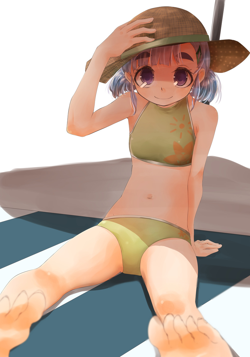 absurdres barefoot bikini feet hat highres kantai_collection lavender_hair looking_at_viewer low_twintails midriff navel ooshio_(kantai_collection) purple_eyes smile swimsuit toes twintails zhui