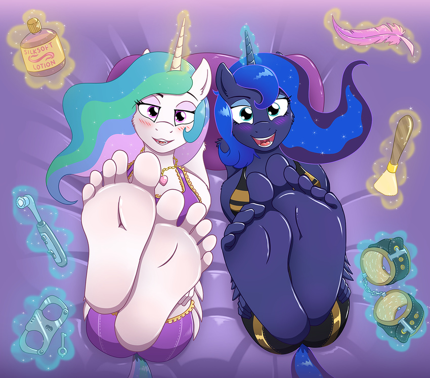 2018 anthro anthrofied blush caroo clothing duo equine feet female foot_focus friendship_is_magic hair horn humanoid_feet long_hair looking_at_viewer mammal multicolored_hair my_little_pony open_mouth princess_celestia_(mlp) princess_luna_(mlp) soles