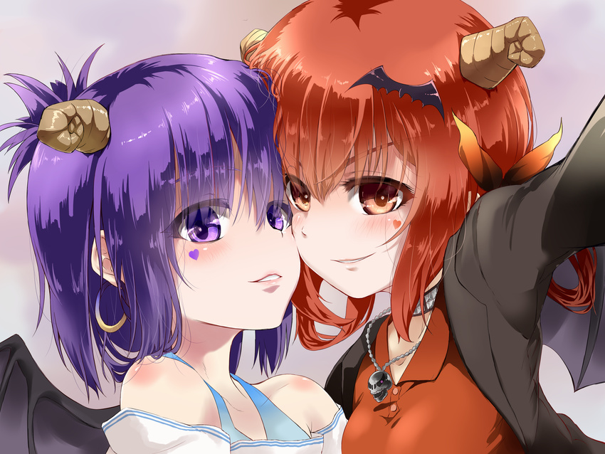 bare_shoulders bat_hair_ornament blazer cheek-to-cheek choker commentary_request demon_girl demon_horns demon_wings earrings facial_tattoo gabriel_dropout hair_ornament hair_ribbon hair_rings heart heart_tattoo highres horns jacket jewelry kurumizawa_satanichia_mcdowell looking_at_viewer multiple_girls outstretched_arm parted_lips polo_shirt purple_eyes purple_hair red_eyes red_hair red_shirt revision ribbon sazanka shirt short_hair skull_necklace smile smirk tattoo topknot tsukinose_vignette_april upper_body wings x_hair_ornament