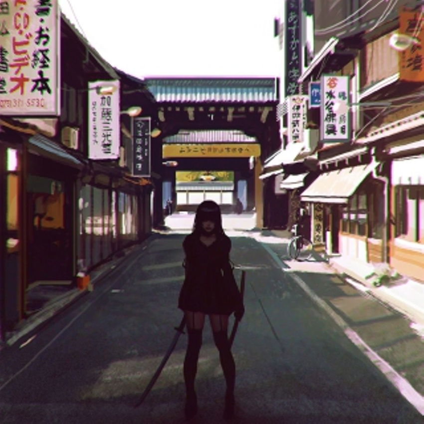 air_conditioner architecture bicycle chromatic_aberration east_asian_architecture garter_straps gate ground_vehicle hair_over_eyes highres ilya_kuvshinov katana kyoto long_hair original photo-referenced real_world_location resized resizing_artifacts road scabbard sheath solo standing street sword thighhighs traffic_light upscaled weapon zettai_ryouiki