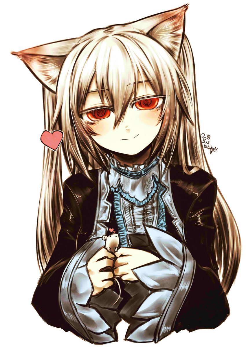 @_@ absurdres animal_ear_fluff animal_ears black_dress blush cat_ears closed_mouth commentary_request dated dress eyebrows_visible_through_hair grey_hair hair_between_eyes head_tilt highres holding juliet_sleeves kotoba_noriaki long_hair long_sleeves looking_at_viewer mouse nora_cat nora_cat_channel puffy_sleeves red_eyes signature simple_background smile solo twintails upper_body white_background