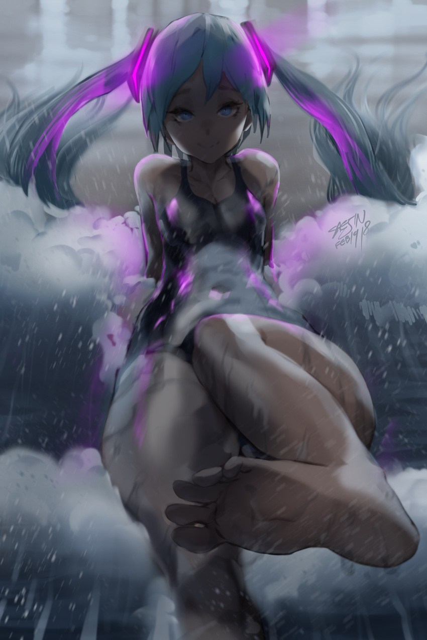 absurdres beach blue_eyes blue_hair commentary feet hatsune_miku highres long_hair looking_at_viewer one-piece_swimsuit partially_submerged saejin_oh smile soles solo swimsuit toes twintails vocaloid water waves wet
