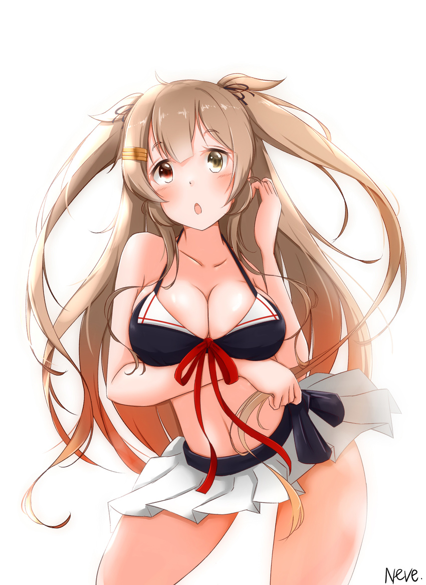 absurdres adapted_costume bikini bikini_skirt black_bikini black_ribbon breasts brown_eyes hair_flaps hair_ornament hair_ribbon hairpin heterochromia highres kantai_collection light_brown_hair long_hair medium_breasts murasame_(kantai_collection) neve open_mouth red_eyes remodel_(kantai_collection) ribbon solo swimsuit two_side_up white_background
