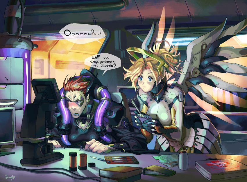 annoyed blonde_hair blue_eyes english heterochromia jean-baptiste_nanteau laboratory leaning_forward mechanical_halo mechanical_wings mercy_(overwatch) microscope moira_(overwatch) multiple_girls notepad overwatch ponytail power_suit red_eyes red_hair science short_hair sitting sweatdrop wings writing