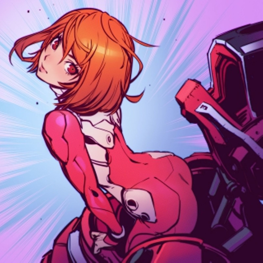 all_you_need_is_kill ass gloves head_tilt highres ilya_kuvshinov lips looking_at_viewer orange_eyes orange_hair power_armor resized resizing_artifacts rita_vrataski short_hair skin_tight solo upscaled