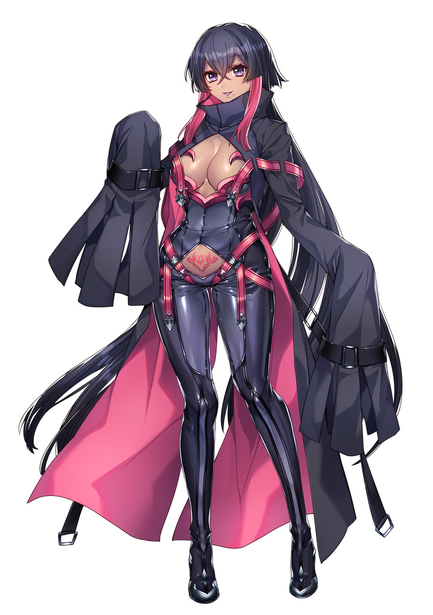 bangs bodysuit breasts cleavage cleavage_cutout commentary_request dark_skin eyebrows_visible_through_hair full_body gen_7_pokemon gradient_hair highres katagiri_hachigou long_hair long_sleeves medium_breasts mole mole_under_mouth multicolored_hair open_mouth personification pink_hair pokemon pubic_tattoo purple_eyes purple_hair salazzle shiny shiny_clothes shiny_skin simple_background skin_tight sleeves_past_fingers sleeves_past_wrists solo standing tattoo very_long_hair white_background wide_sleeves