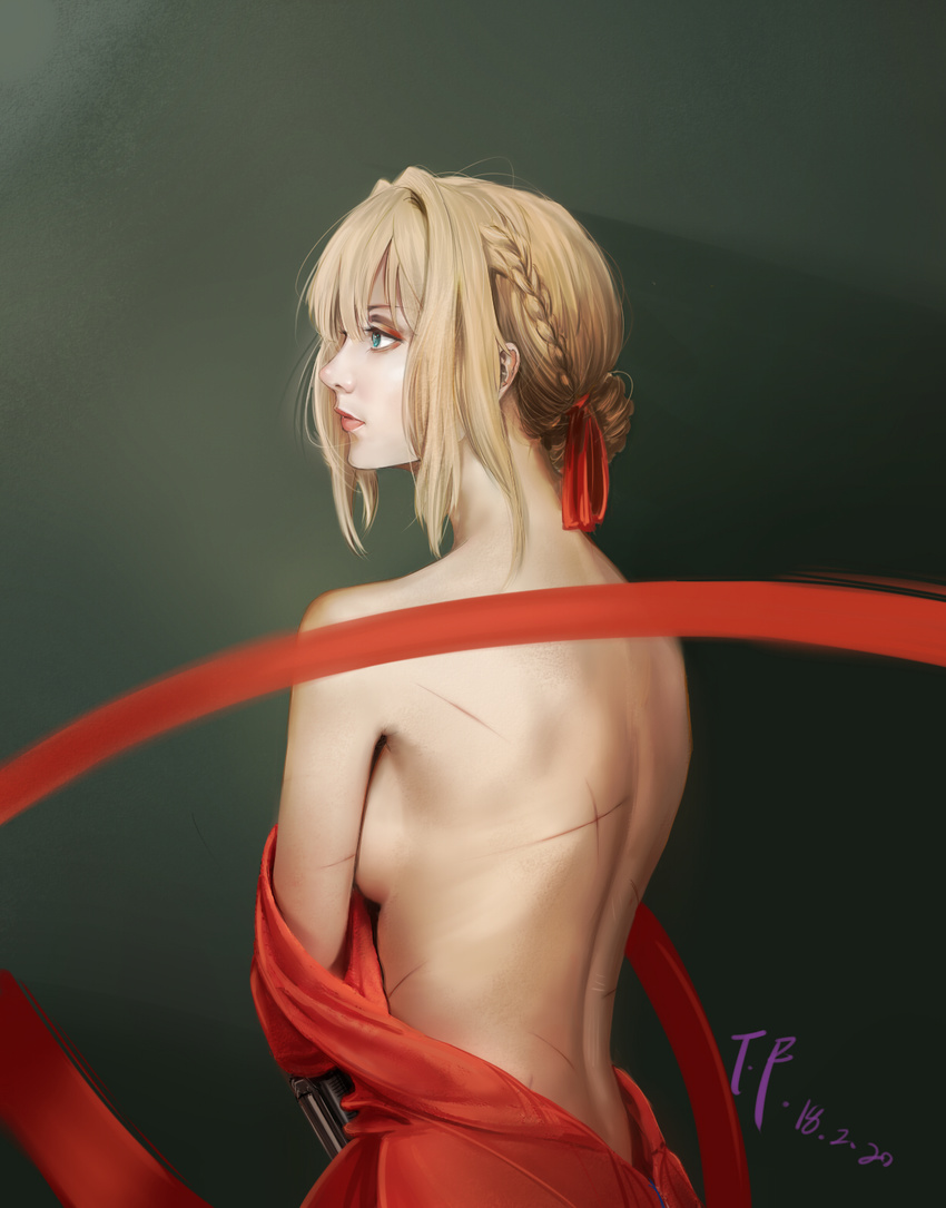 bangs bare_back blonde_hair blue_eyes braid breasts clothes_removed convenient_arm dress eyebrows_visible_through_hair from_behind hair_between_eyes hair_intakes hair_ribbon highres looking_to_the_side medium_breasts red_dress red_ribbon ribbon scar sideboob topless undressing violet_evergarden violet_evergarden_(character) wish-tf