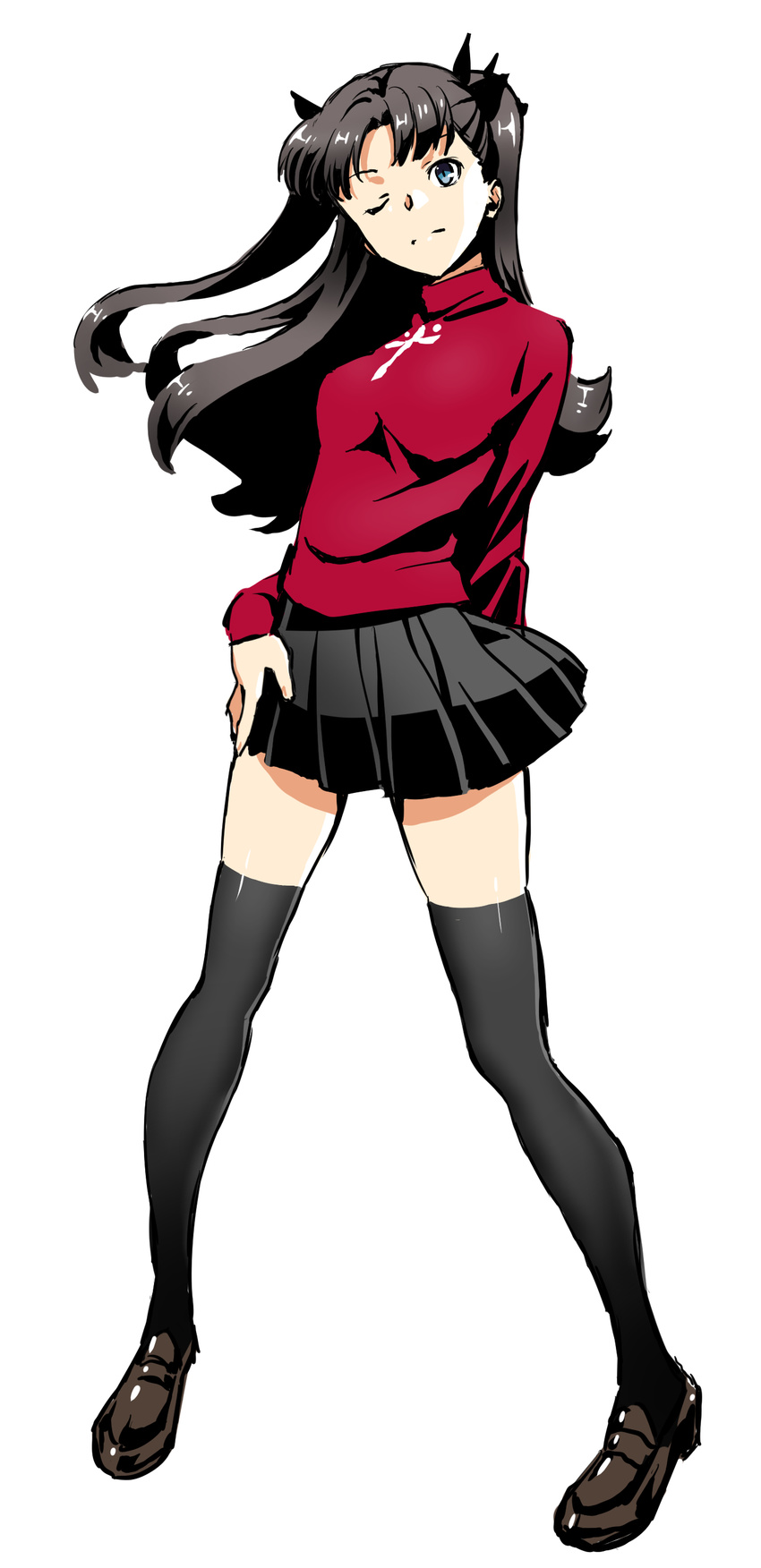 absurdres arm_behind_back black_eyes black_hair black_legwear black_ribbon black_skirt breasts brown_footwear fate/stay_night fate_(series) floating_hair full_body hair_ribbon highres kurai_nao long_hair looking_at_viewer md5_mismatch medium_breasts miniskirt one_eye_closed pleated_skirt red_shirt ribbon shiny shiny_clothes shirt shoes simple_background skirt solo standing thighhighs toosaka_rin white_background zettai_ryouiki