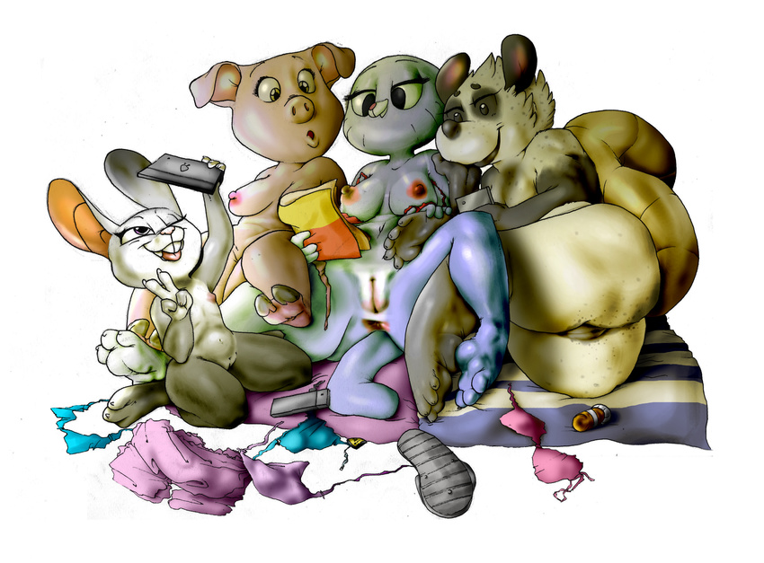 2018 3_toes 4_fingers almonds_(artist) anthro anus blue_fur breasts buckteeth cartoon_network cat crossover digital_media_(artwork) disney dot_eyes eyelashes feline female flat_chested fur green_eyes grey_fur group hi_res judy_hopps kneeling lagomorph light_skin lying mammal marsupial mature_female mother muscular navel nicole_watterson nipples nude on_back on_side one_eye_closed open_mouth opossum parent pig poppy_opossum poppy_opossum_(character) porcine purple_eyes pussy rabbit rosita_(sing) selfie simple_background sing_(movie) smile teeth the_amazing_world_of_gumball thick_tail toes v_sign whiskers white_background white_fur wink zootopia