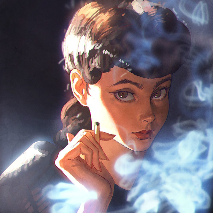 between_fingers blade_runner brown_eyes brown_hair cigarette face ilya_kuvshinov lips long_hair looking_at_viewer rachel_(blade_runner) smoke solo