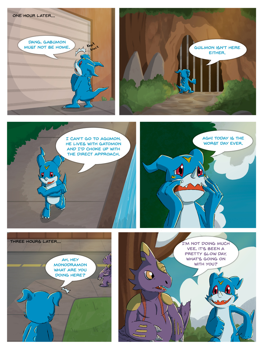 absurd_res amber_eyes blue_scales comic crossed_arms crossover digimon english_text forehead_marking hi_res male male/male monodramon onomatopoeia open_mouth open_smile oriont purple_scales raised_inner_eyebrows red_eyes road sad scales sidewalk smile sound_effects text vee_stitch veemon walking
