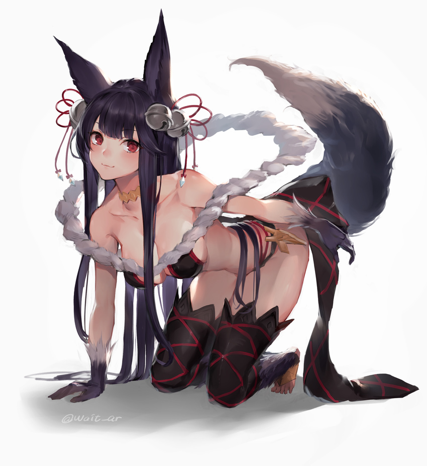 all_fours animal_ears backless_outfit bangs bare_shoulders barefoot bell blunt_bangs breasts collarbone commentary_request erune fox_ears fox_tail fur_trim gloves granblue_fantasy hair_bell hair_ornament highres jingle_bell looking_at_viewer medium_breasts oyu_(sijimisizimi) red_eyes tail thighhighs toeless_legwear yuel_(granblue_fantasy)