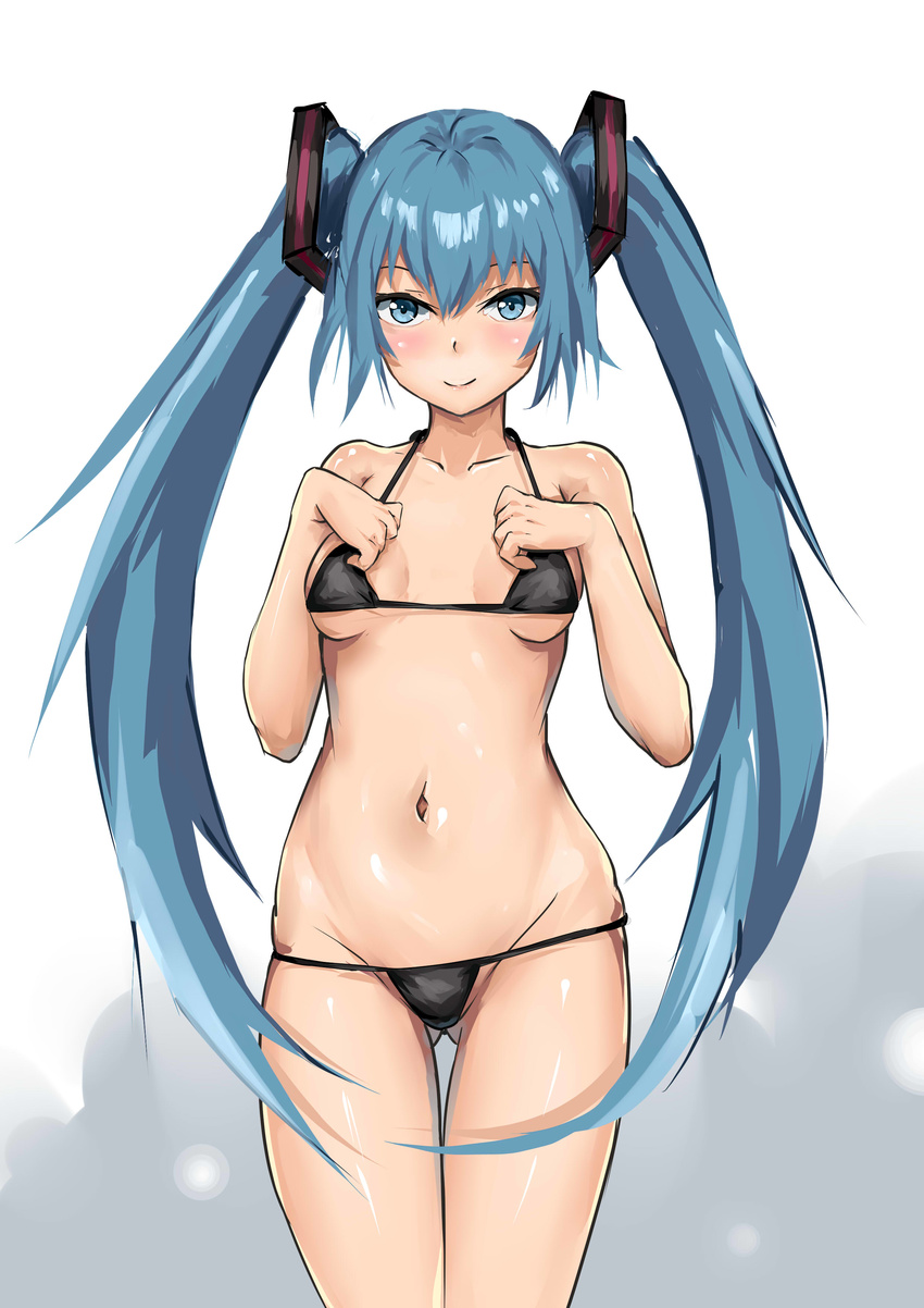 absurdres aqua_eyes aqua_hair ass_visible_through_thighs bikini black_bikini breasts collarbone hatsune_miku highres long_hair low_twintails micro_bikini navel pear_sauce shiny shiny_skin small_breasts smile solo standing swimsuit thigh_gap twintails very_long_hair vocaloid