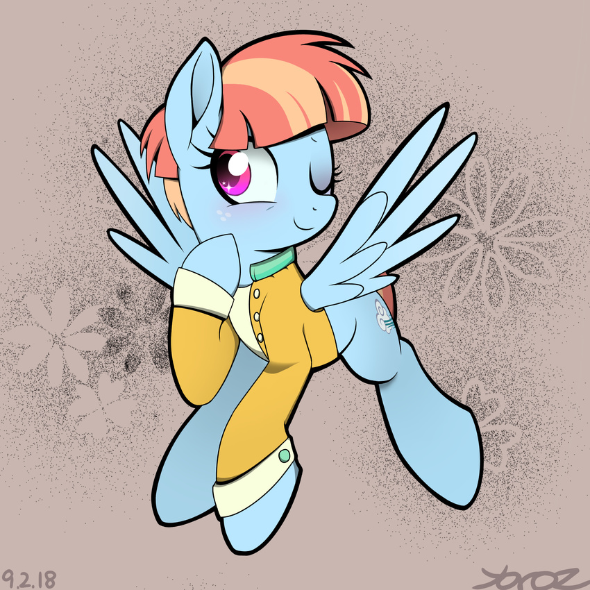 2018 blue_feathers blush bottomless clothed clothing cute cutie_mark equine eyebrows eyelashes feathered_wings feathers female feral flower flying freckles friendship_is_magic full-length_portrait grey_background hair hi_res mammal multicolored_hair my_little_pony one_eye_closed orange_hair pegasus plant portrait purple_eyes shirt short_hair signature simple_background smile solo sparkles two_tone_hair windy_whistles_(mlp) wings wink yorozpony