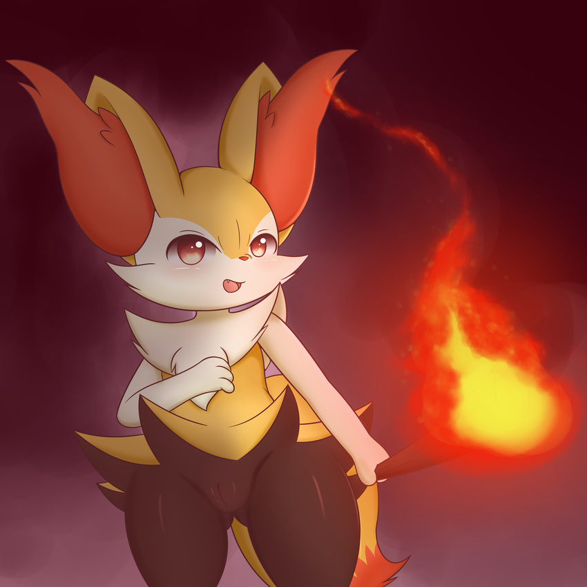 1girl absurdres animal_ears blush braixen fang female fire fox_ears fox_tail furry hand_up highres holding no_humans okura540 open_mouth pokemon pokemon_(creature) pokemon_xy pussy red_eyes smile solo standing stick tail uncensored