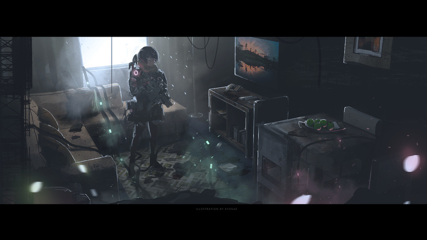 absurdres cabinet chair commentary controller couch curtains day faiz_azhar flat_screen_tv glasses gun highres holding holding_gun holding_weapon indoors legs_apart letterboxed light_particles original painting_(object) remote_control ruins shoes short_hair solo standing table television tom_clancy's_the_division weapon window