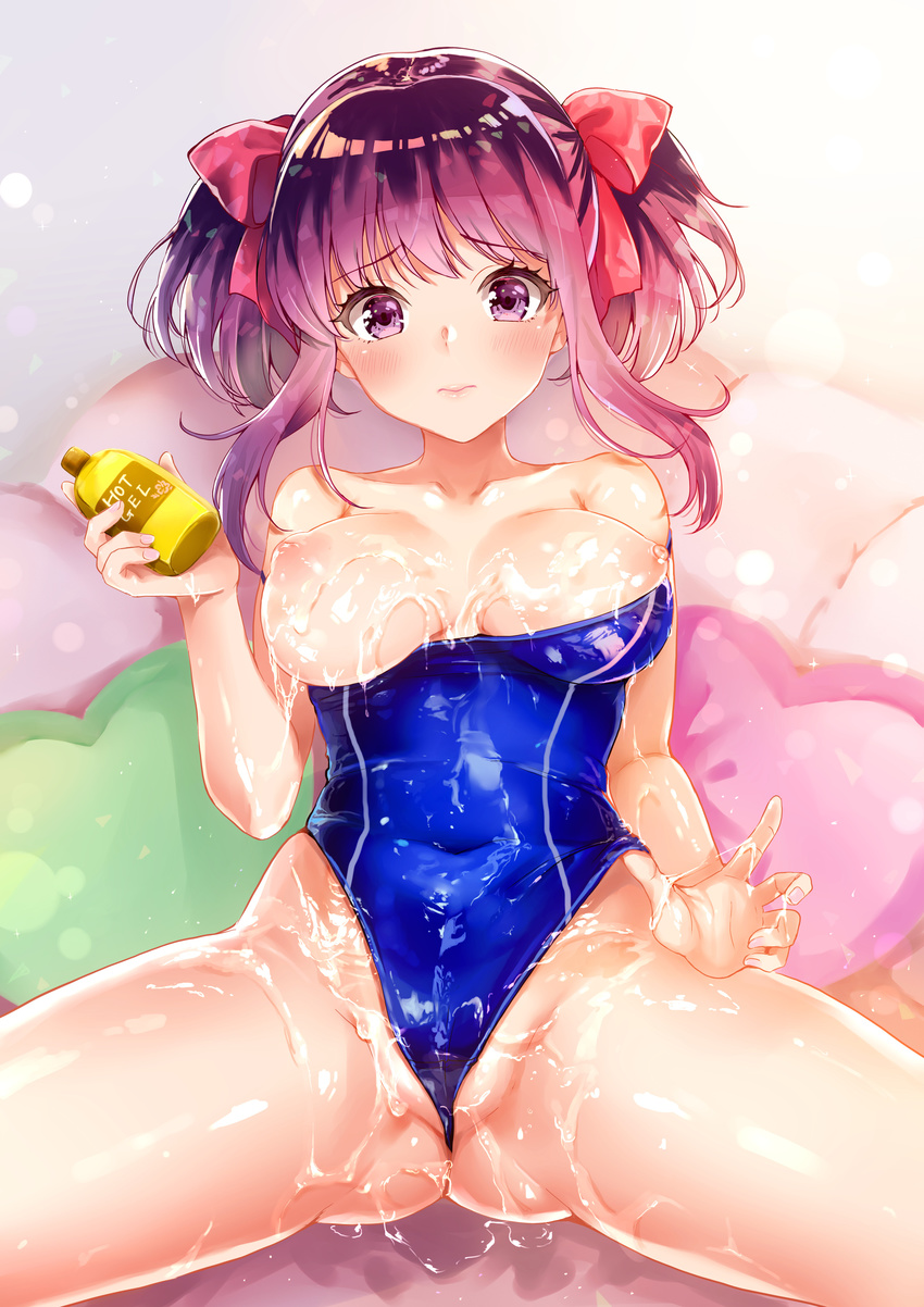 3: absurdres bangs blue_swimsuit blush bow breasts breasts_outside cameltoe competition_swimsuit covered_navel eyebrows_visible_through_hair hair_bow hair_ribbon highleg highleg_swimsuit highres large_breasts looking_at_viewer lotion maumen nipples off_shoulder official_art one-piece_swimsuit original partially_visible_vulva puffy_nipples purple_eyes purple_hair red_bow red_ribbon ribbon sexually_suggestive short_twintails sidelocks sitting solo spread_legs swimsuit twintails