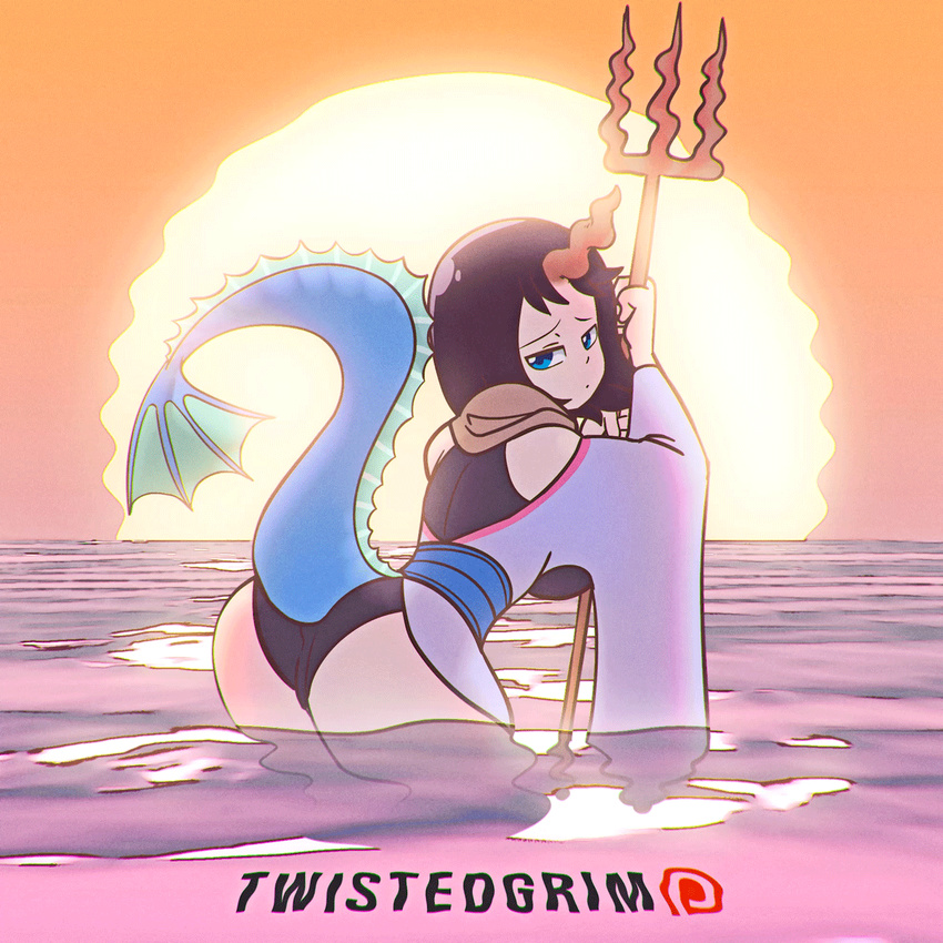 animated animated_gif artist_name ass ass_shake black_hair blue_eyes commentary elma_(maidragon) fins highres horn kobayashi-san_chi_no_maidragon leotard leotard_under_clothes looking_at_viewer looking_back ocean polearm ripples solo sun sunset tail tail_fin trident twistedgrim water weapon wide_sleeves