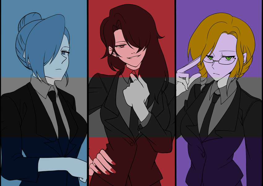 absurdres blonde_hair cinder_fall color_connection commentary_request formal glasses glynda_goodwitch green_eyes hair_over_one_eye highres limited_palette misanim multiple_girls nail_polish necktie rwby suit winter_schnee