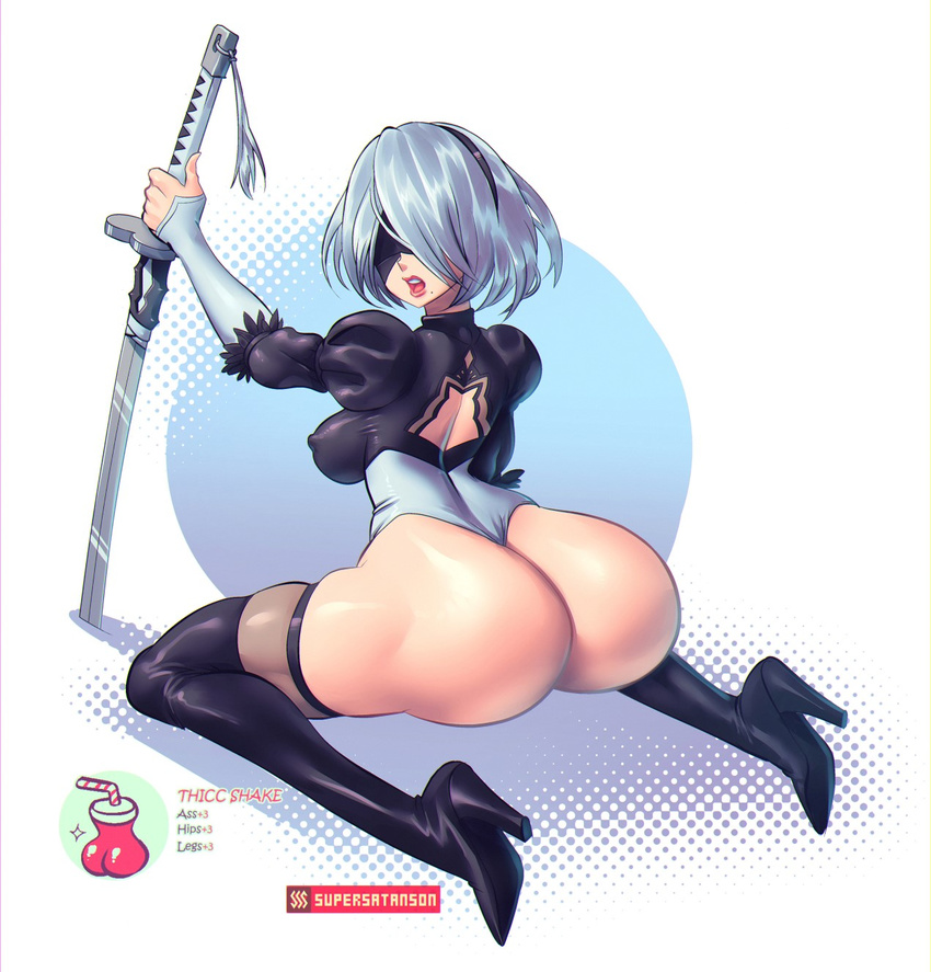 1girl android ass back back_opening blindfold boot breasts erect_nipples high_heel_boots high_heels huge_ass katana large_breasts leotard looking_at_viewer mole_under_mouth nier_(series) nier_automata open_mouth shiny shiny_clothes shiny_hair shiny_skin short_hair sideboob solo supersatanson sword thigh_boots thong_leotard wariza weapon