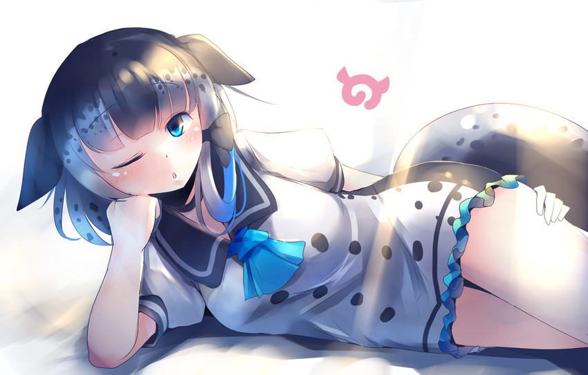 :o absurdres ascot bangs black_sailor_collar blue_eyes blue_neckwear blunt_bangs blush dress eyebrows_visible_through_hair hair_flaps head_rest highres japari_symbol kanzakietc kemono_friends light_rays looking_at_viewer lying multicolored_hair narwhal_(kemono_friends) on_side one_eye_closed parted_lips sailor_collar sailor_dress solo tail