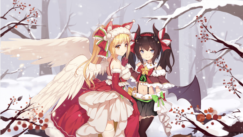 alternate_costume angel angel_(girls_x_battle) angel_and_devil angel_wings animal_ears animal_hood artist_request bare_shoulders berry black_hair black_legwear blonde_hair blue_eyes branch capelet cat_ears christmas demon_girl demon_horns demon_tail demon_wings dress elbow_gloves fake_animal_ears fang_out feathered_wings forest frills fur_trim game_cg girls_x_battle gloves hairband holding_hands hood horns long_hair looking_at_viewer midriff miniskirt multiple_girls nature pom_pom_(clothes) ponytail red_gloves skirt smile snow snowing star succuba_(girls_x_battle) succubus suspenders tail thighhighs twintails white_legwear white_wings wings yellow_eyes