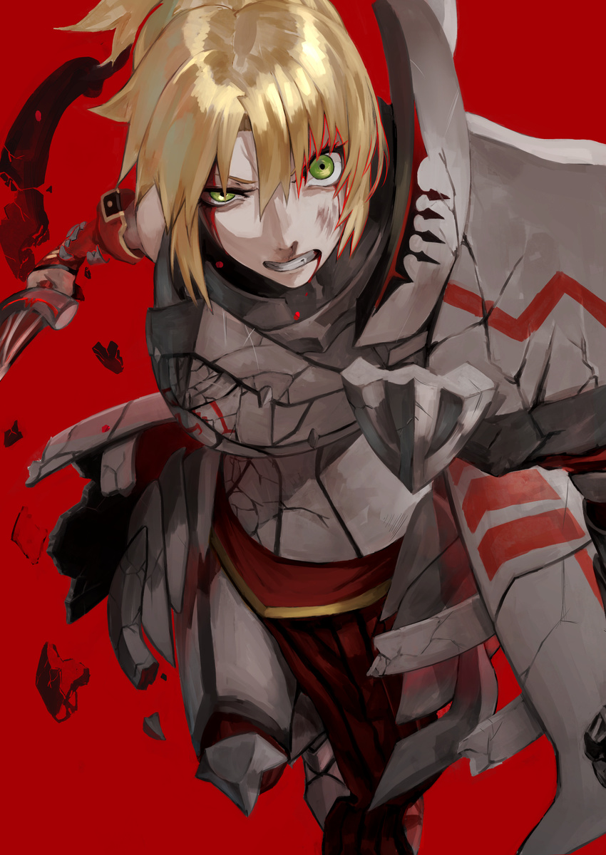 absurdres armor blonde_hair blood blood_from_mouth blood_on_face broken_armor clarent clenched_teeth fate/apocrypha fate_(series) green_eyes highres mordred_(fate) mordred_(fate)_(all) peperon_(peperou) ponytail solo sword teeth weapon