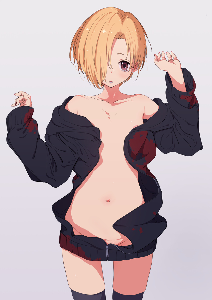 areola_slip areolae bare_shoulders black_legwear blonde_hair bouen collarbone cowboy_shot ear_piercing flower grey_background groin hair_over_one_eye highres idolmaster idolmaster_cinderella_girls long_sleeves looking_at_viewer nail_polish naked_coat no_bra no_panties off_shoulder open_clothes open_mouth piercing red_eyes shirasaka_koume short_hair simple_background solo standing thighhighs unzipped zipper