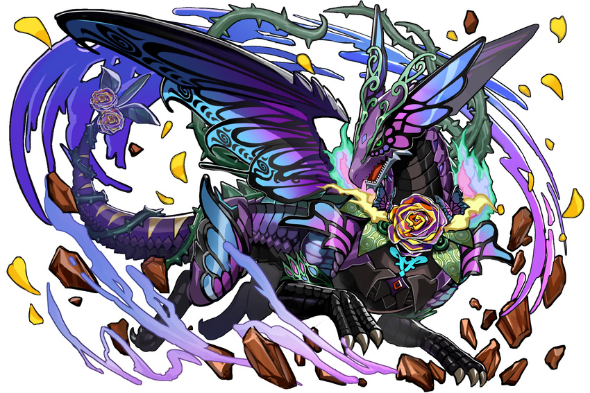 bad_pixiv_id claws colorful commentary debris dragon fairy_wings flower green_eyes highres isaroishin looking_at_viewer multicolored no_humans open_mouth original rock rose sharp_teeth solo teeth wings
