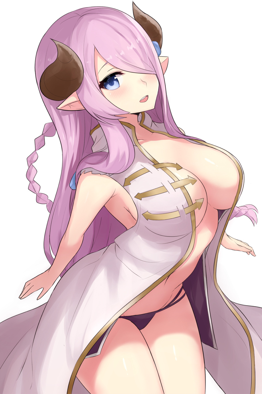 bare_shoulders blue_eyes braid breasts demon_horns draph granblue_fantasy hair_ornament hair_over_one_eye highres horns ichijou_(kr_neru0) large_breasts lavender_hair long_hair looking_at_viewer narmaya_(granblue_fantasy) pointy_ears single_braid solo