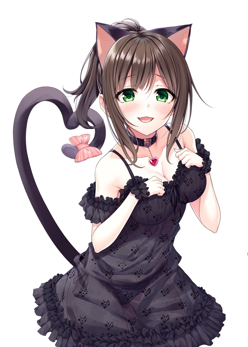 animal_ears bangs bare_shoulders black_dress blush bow breasts brown_hair cat_ears cat_tail choker cleavage collarbone commentary_request dress eyebrows_visible_through_hair fang green_eyes hasumi_(hasubatake39) heart heart_tail highres idolmaster idolmaster_cinderella_girls jewelry maekawa_miku medium_breasts open_mouth paw_pose pendant ponytail short_hair simple_background smile solo tail tail_bow white_background wrist_cuffs