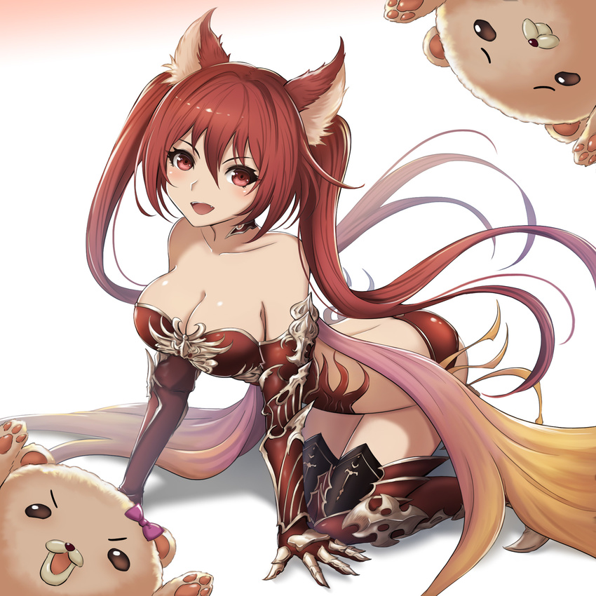 all_fours animal_ears arched_back armor bangs bare_back bare_shoulders bikini_armor breasts cerberus_(shingeki_no_bahamut) choker cleavage collarbone dog_ears fang full_body granblue_fantasy head_tilt highres large_breasts long_hair looking_at_viewer open_mouth panties puppet red_armor red_eyes red_hair red_panties shadowverse shingeki_no_bahamut shiny shiny_skin smile solo stuffed_animal stuffed_toy thighhighs twintails underwear vambraces very_long_hair yuki7128