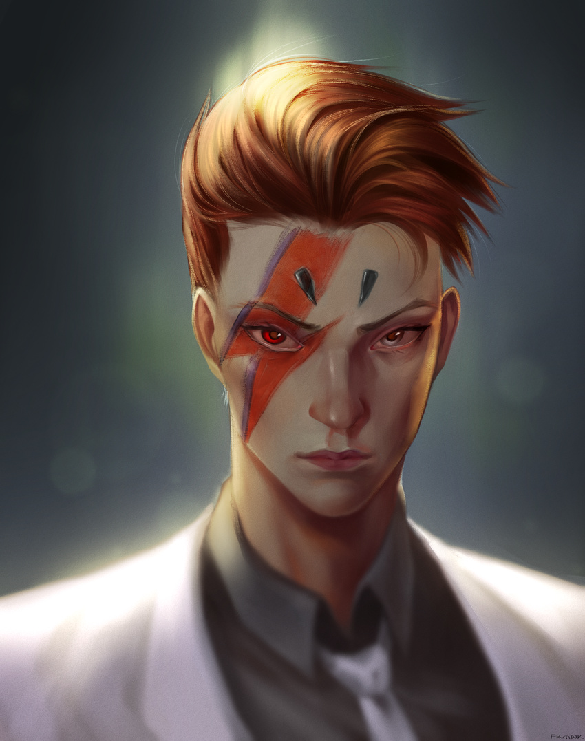 aladdin_sane androgynous backlighting black_shirt blue_eyes cosplay david_bowie facepaint formal frank-7-9 heterochromia highres lips looking_at_viewer moira_(overwatch) necktie nose overwatch red_eyes red_hair reverse_trap shirt short_hair solo suit upper_body